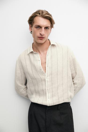 Zara 100% linen regular fit striped shirt - Ecru