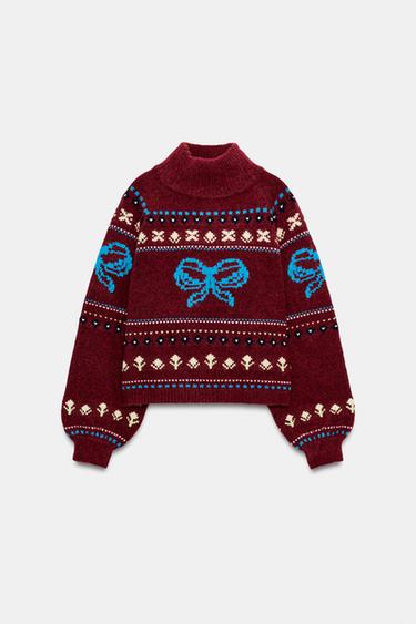 JACQUARD HIGH NECK JUMPER - Maroon by Zara - Image 0