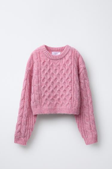 Zara CROPPED CABLE KNIT SWEATER - Pink