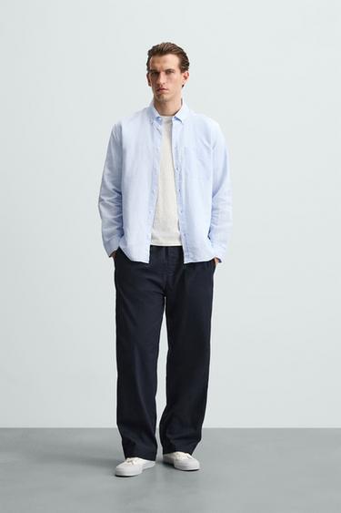 CAMISA LINO - ALGODÓN - Celeste de Zara - Imagen 0