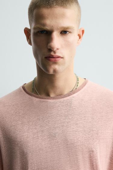 CONTRAST VISCOSE/LINEN T-SHIRT - Light pink by Zara - Image 4