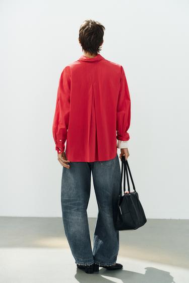 CHEMISE OVERSIZE EN POPELINE À CARREAUX - Rouge / Noir de Zara - Image 4