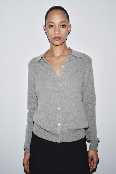WOOL AND CASHMERE POLO CARDIGAN - Grey by Zara