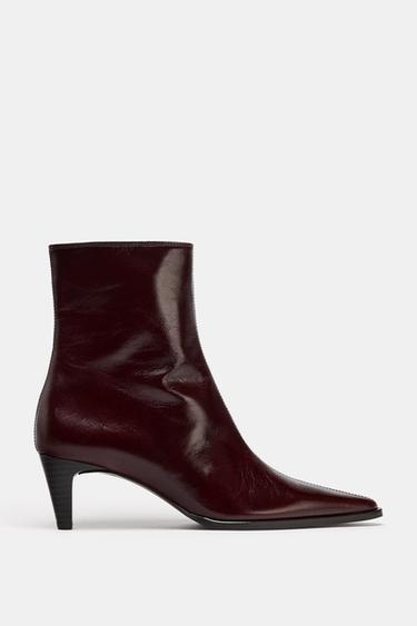 LEATHER ANKLE BOOTS WITH KITTEN HEEL - Burgundy Red by Zara