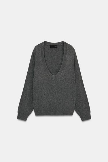 Zara DEEP NECK KNIT JUMPER - Gray