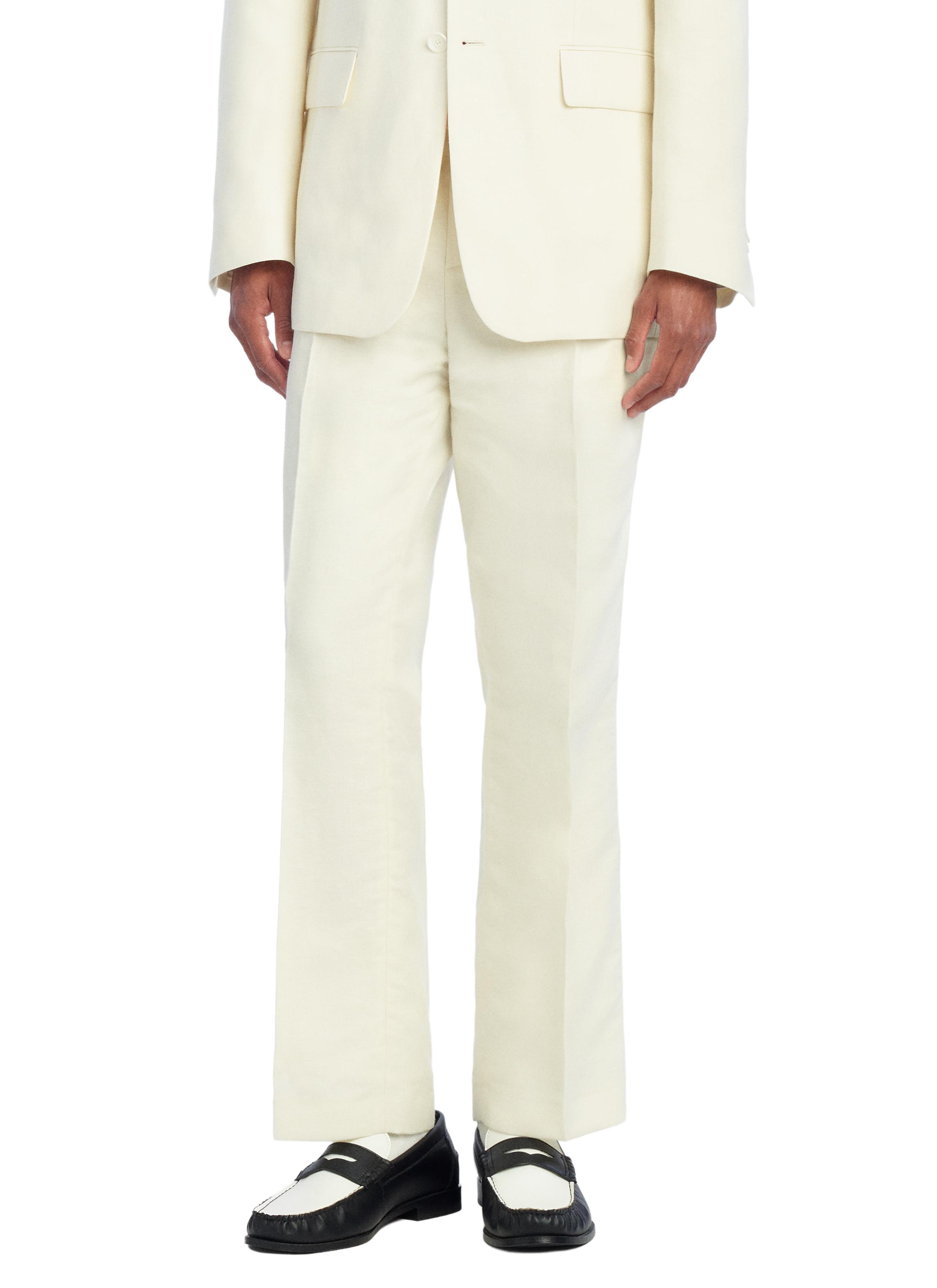 HERRINGBONE LINEN-WOOL RELAXED FIT SUIT PANTS — Ecru
