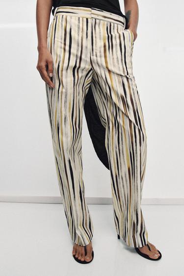 Zara ZW COLLECTION STRIPED POPLIN PANTS - Brown / Ecru