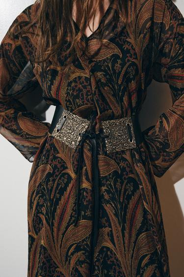 Zara WIDE LEATHER BELT WITH ENGRAVED BUCKLE - Black - Image 0