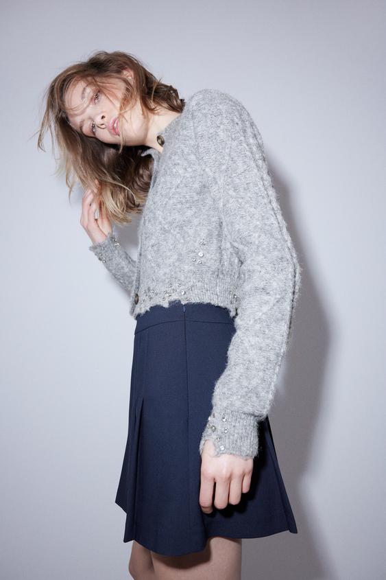 ラインストーンボタン ニット カーディガン - グレー | ZARA Japan / 日本 
