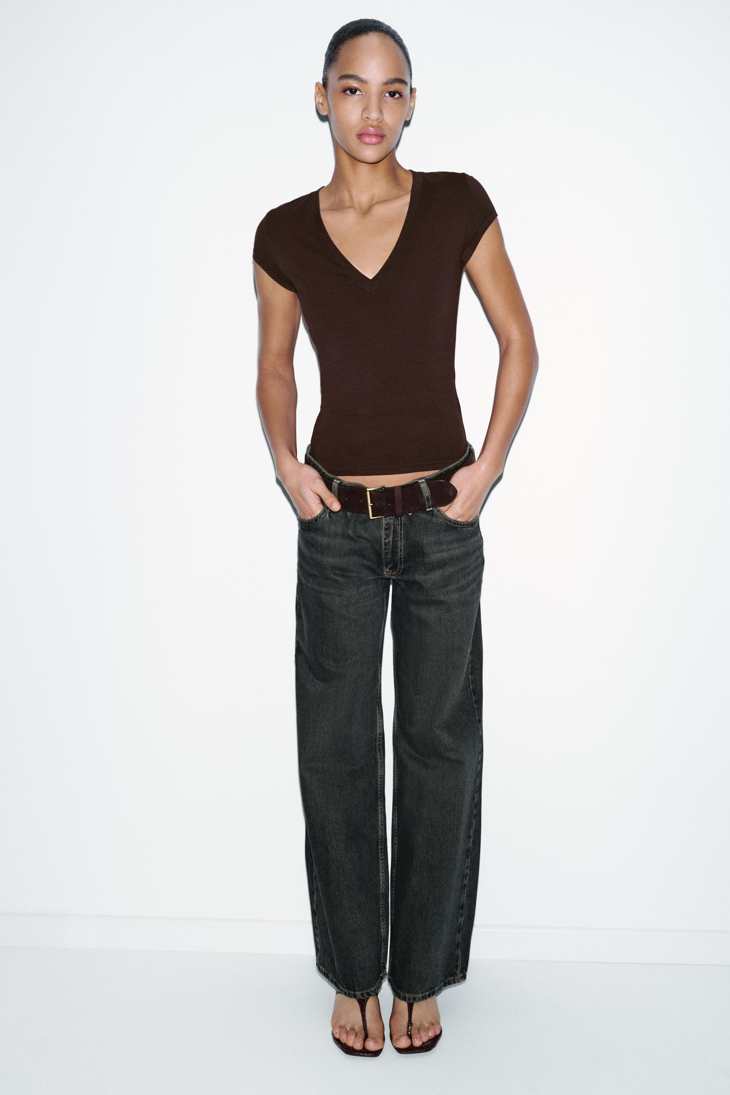 Женская футболка Zara V-NECK, цвет: Коричневый — фото 1