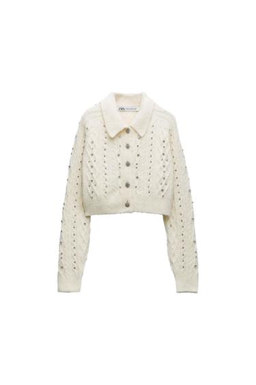 CROPPED KNIT CARDIGAN WITH BEADING