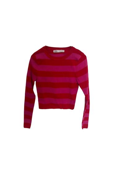 Front view of a red and pink striped long-sleeved jumper.