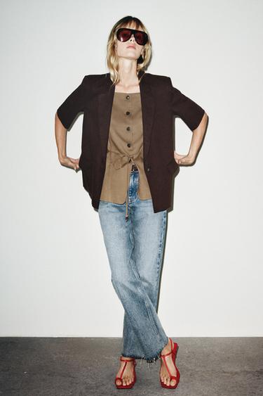 SHORT SLEEVE LINEN BLEND BLAZER - Brown by Zara