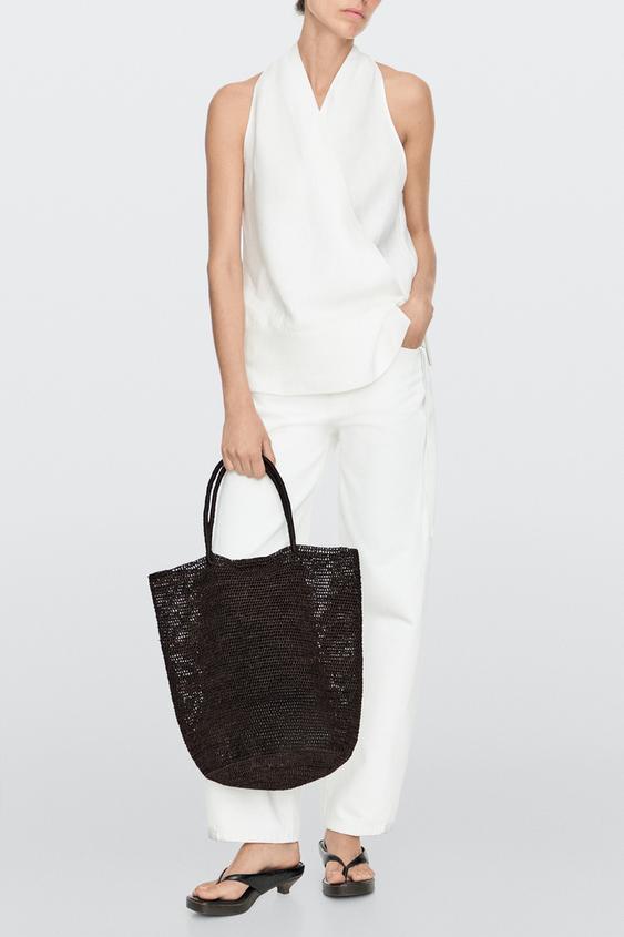 Zara Raffia bucket tote bag - Brown - Image 0