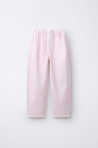 FLOWING BARREL TROUSERS WITH ELASTIC WAIST - White / Pink by Zara