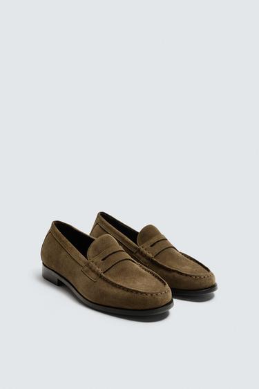 LEATHER PENNY LOAFERS - Khaki Green by Zara