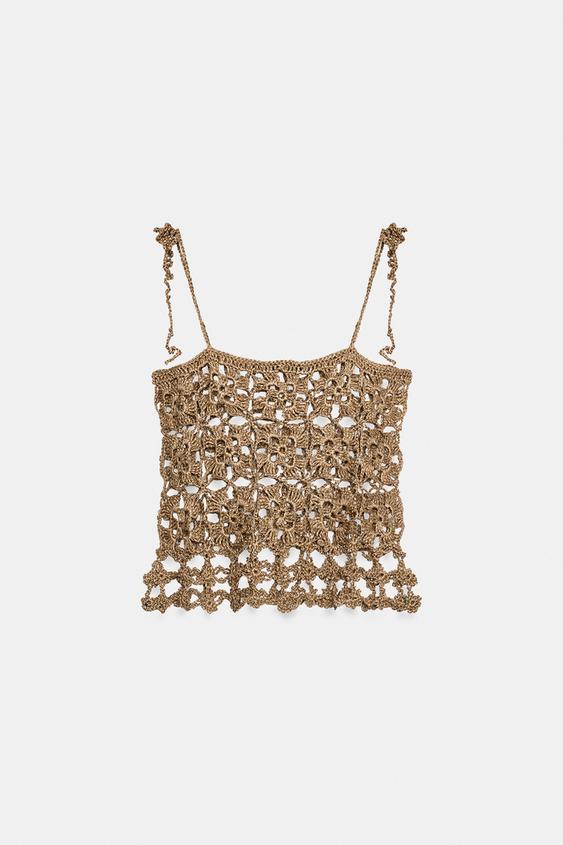 CROCHET STRAPPY TOP - camel by Zara - Image 0