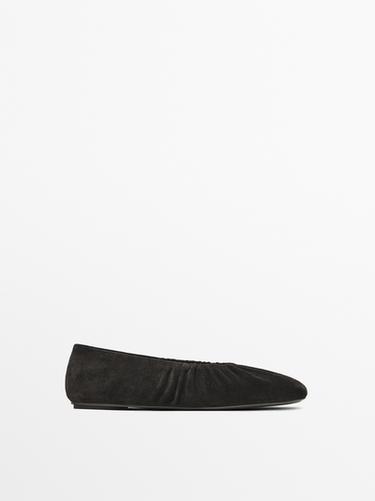 Zara Gathered split leather ballet flats - Brown