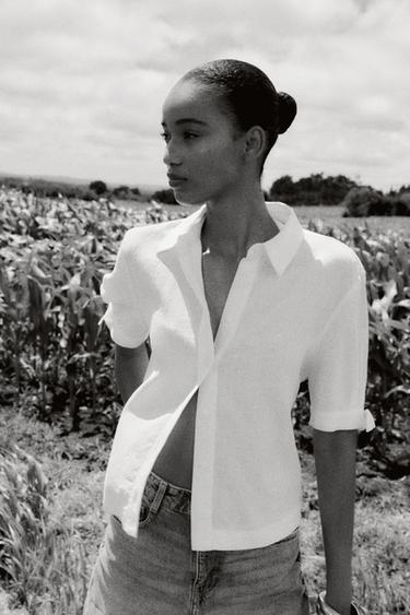 Zara RAMIE TIE SHORT SLEEVE SHIRT - White