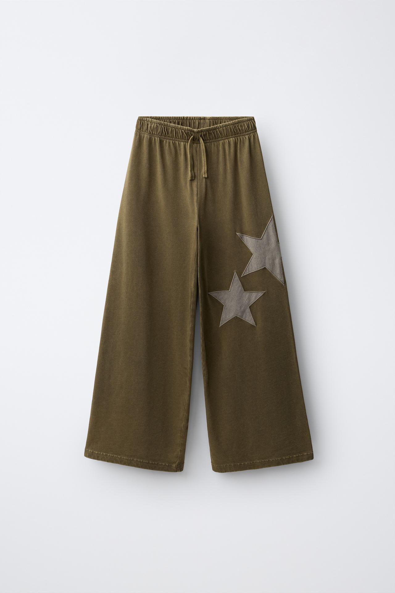 WASHED-EFFECT STAR WIDE-LEG PANTS — Khaki