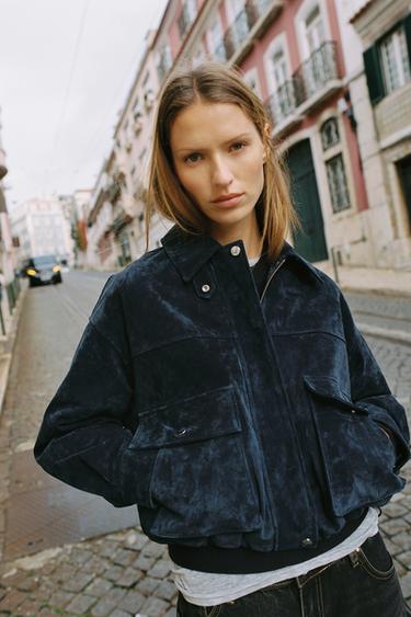 CAZADORA BOMBER 100% PIEL - Marino de Zara