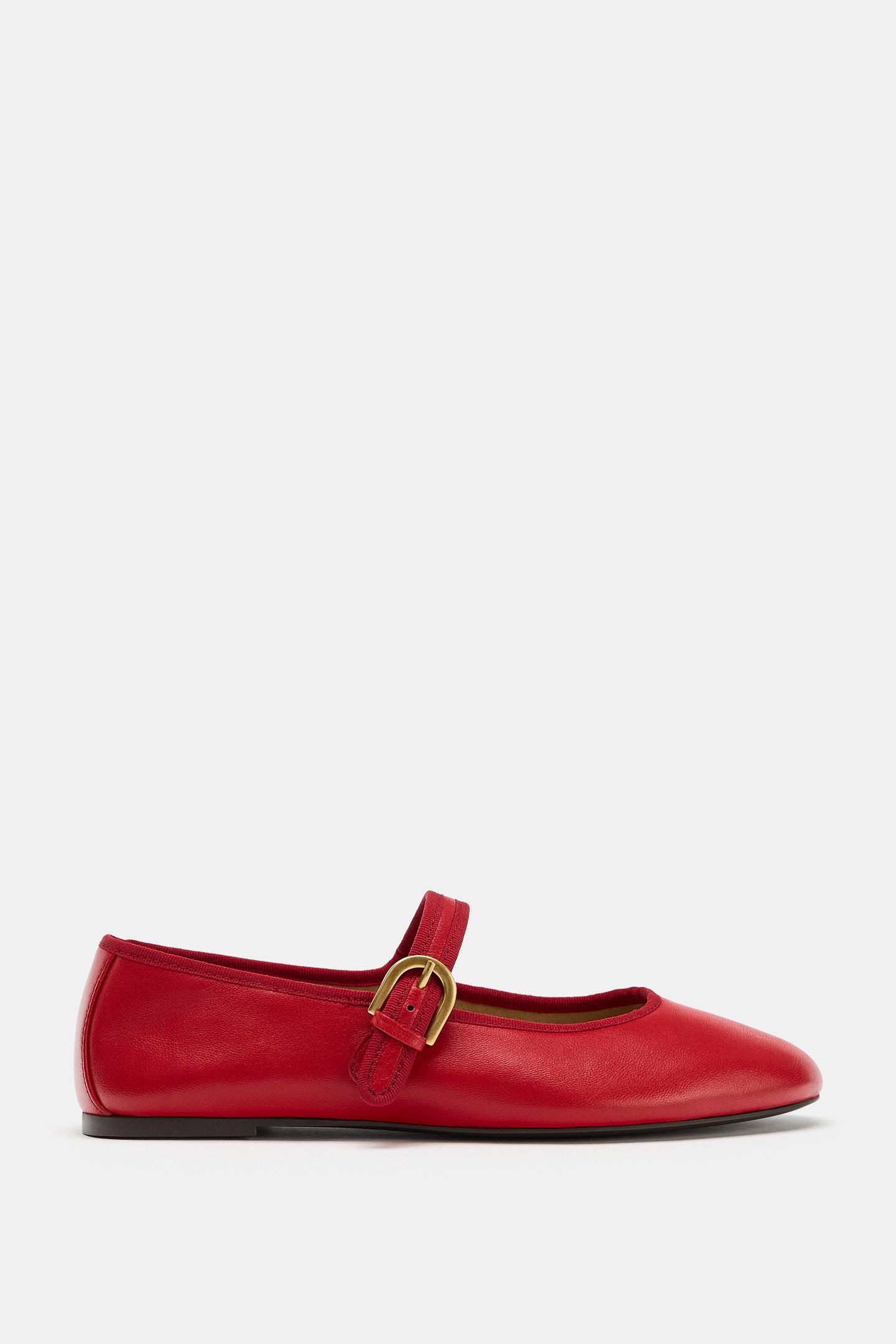 Женские балетки Zara Flat Leather Ballet Flats, цвет: Красный — фото 1