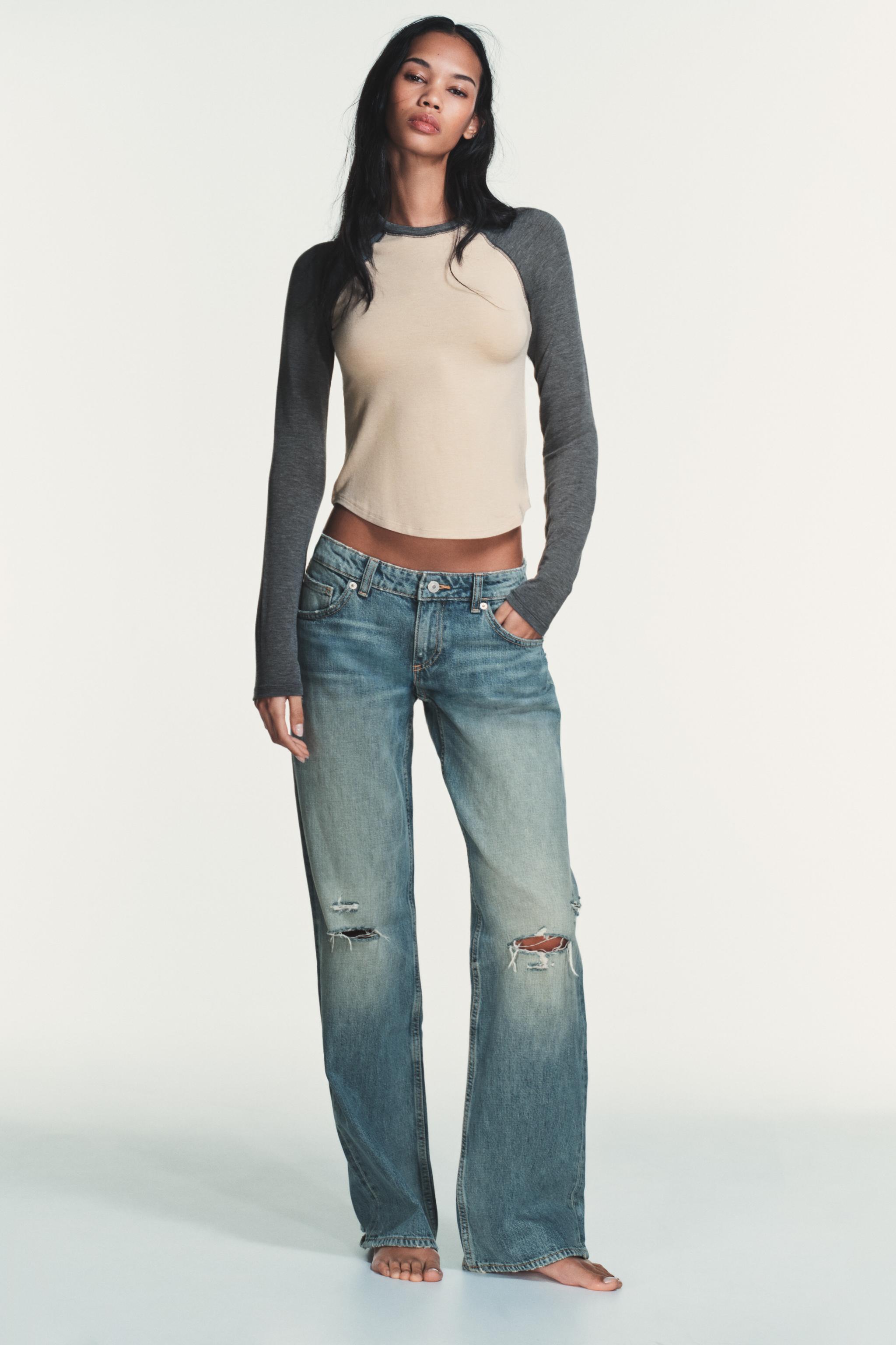 コントラスト色ラグランスリーブTシャツ - グレー/ナチュラル | ZARA