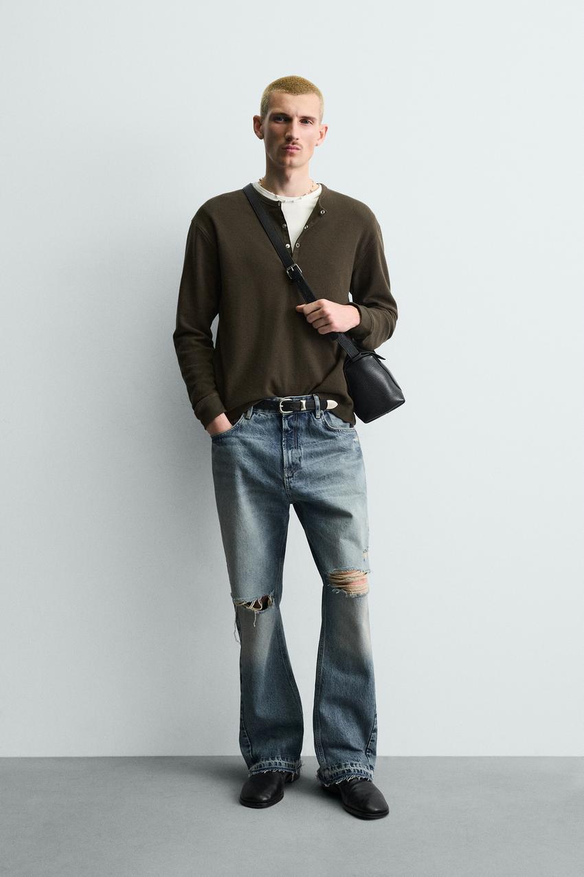 ダメージ加工フレアフィットデニムパンツ - ミディアムブルー | ZARA 