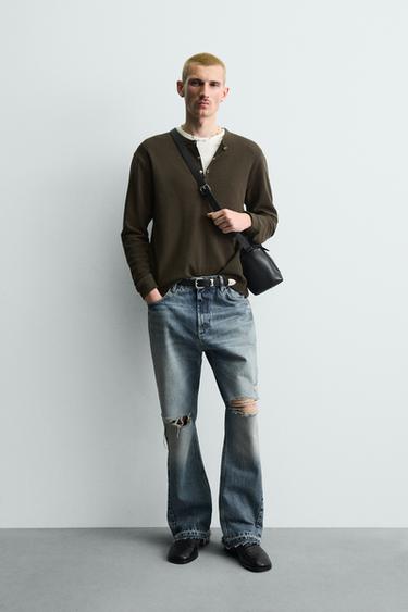 Zara 喇叭剪洞牛仔褲 - 中藍色