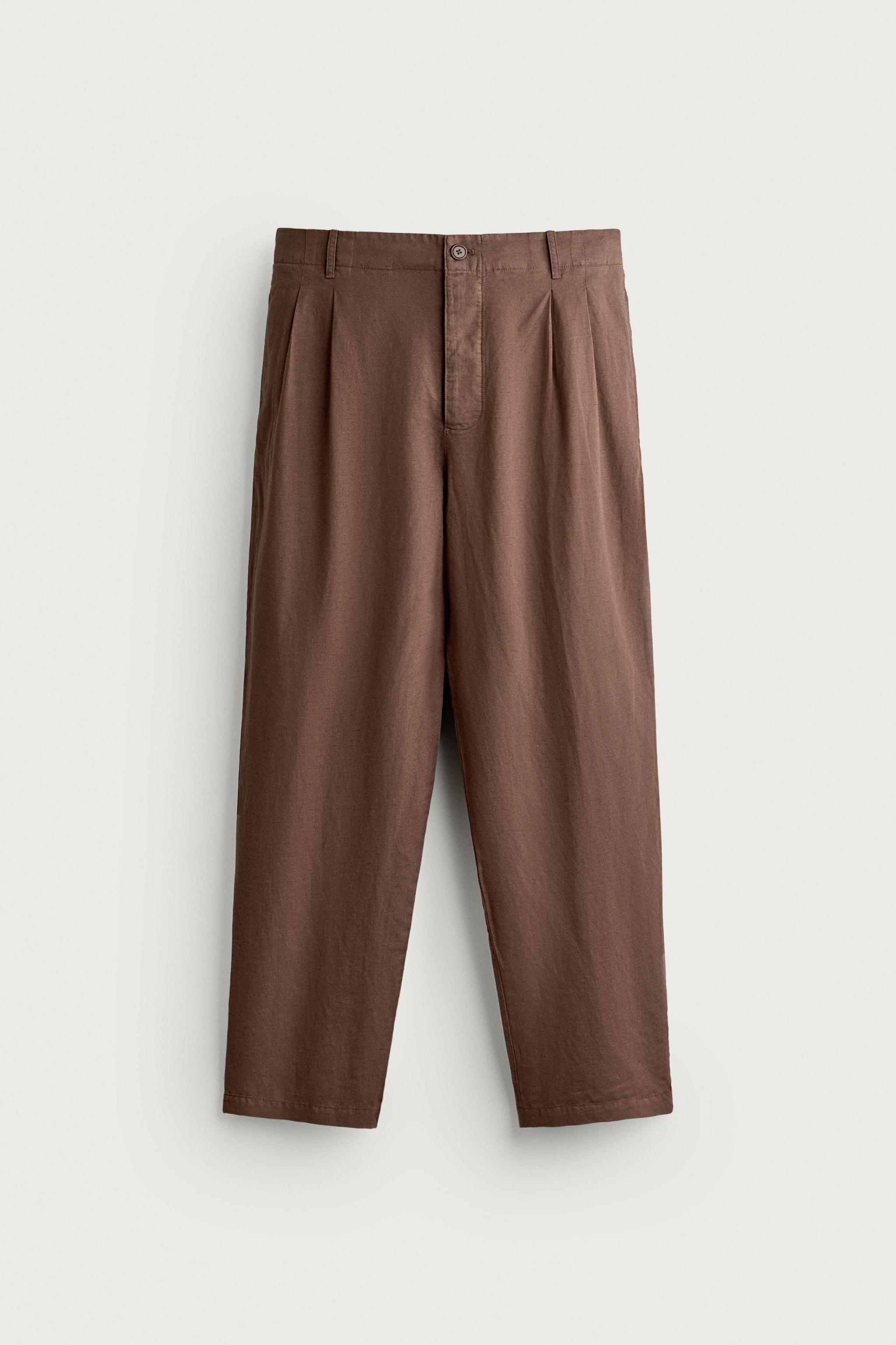 HEMP AND COTTON RELAXED FIT PANTS — Brown