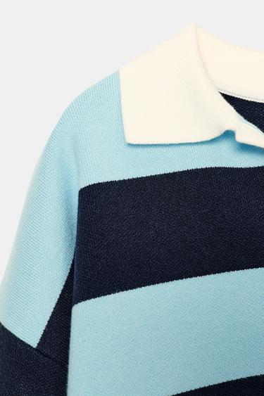 STRIPED KNIT POLO SHIRT - Blue by Zara - Image 4