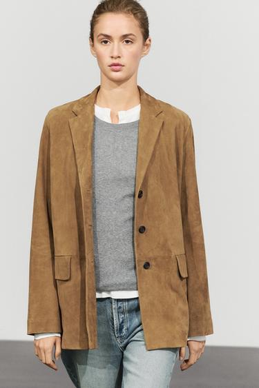 Suede leather blazer with lapel — Sand 2