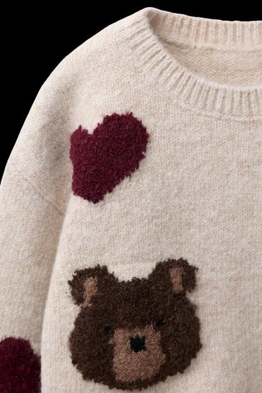 Zara BEAR AND HEART KNIT SWEATER - Light beige
