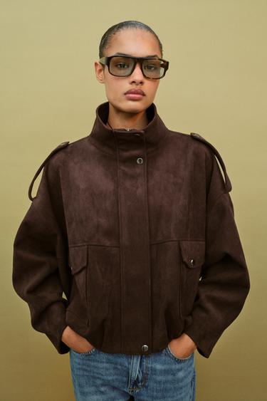 FAUX SUEDE JACKET WITH TABS - Chocolate brown by Zara