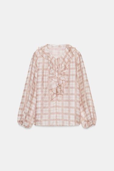 Zara PLAID RUFFLED BLOUSE - Pinks