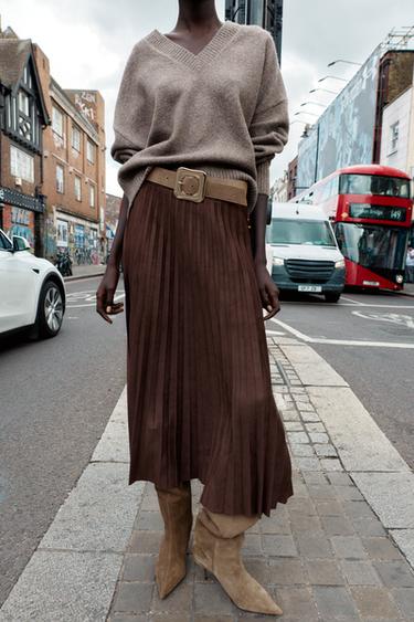 BELTED FAUX SUEDE EFFECT PLEATED MIDI SKIRT - Brown by Zara - Image 6
