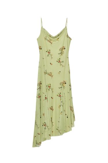 Front view of a light green dress with spaghetti straps and an asymmetric floral print.