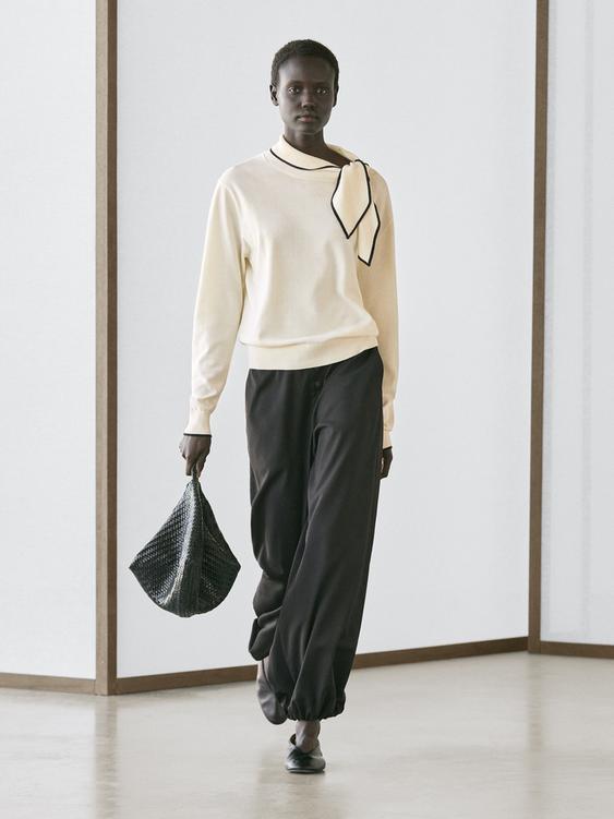 Cotton knit sweater with scarf detail