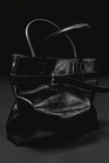 Zara LEATHER SHOPPER WITH BELT DETAIL - Brown
