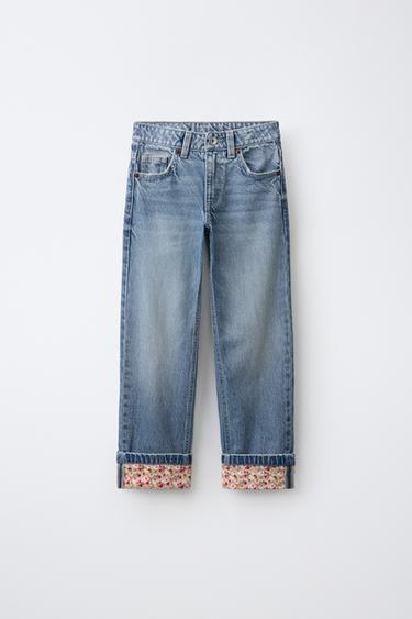Zara FLORAL PRINT CUFF JEANS - Blue