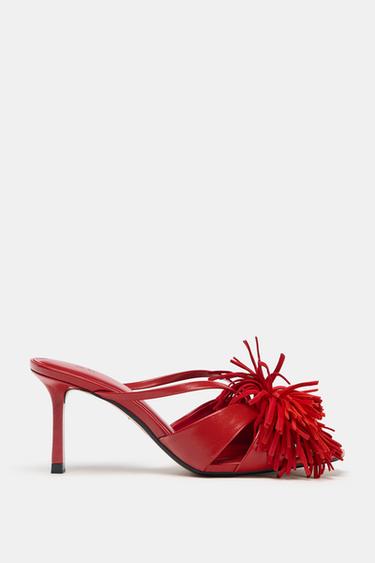 SANDALES À TALONS FRANGES - Rouge corail de Zara