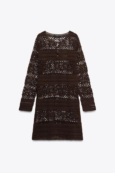 CROCHET KNIT MINI DRESS - Brown by Zara - Image 4