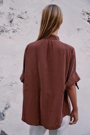 CHEMISE À MANCHES RETROUSSÉES - brique foncée de Zara - Image 3