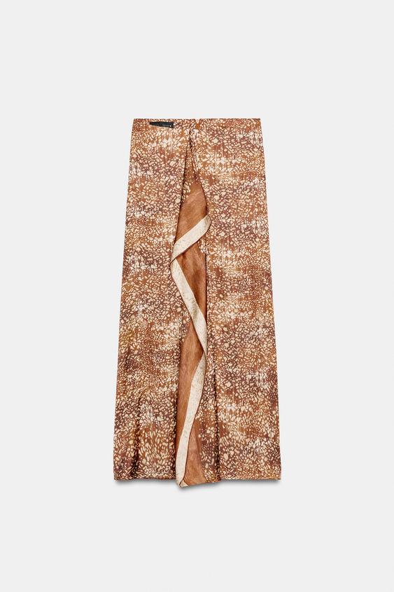 FALDA SATINADA ESTAMPADA VOLANTE - Khaki de Zara - Imagen 0