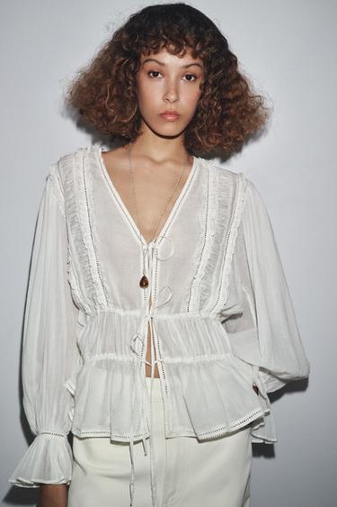 Zara ZW COLLECTION ROMANTIC LADDER STITCH SHIRT - Oyster-white