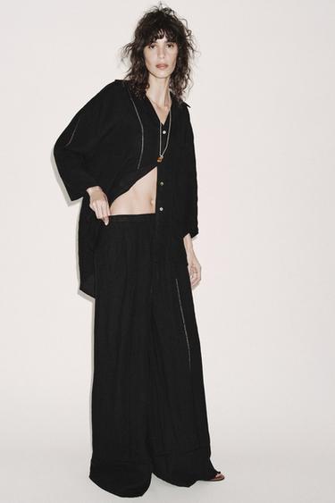 Zara 100% LINEN PALAZZO PANTS ZW COLLECTION - Black
