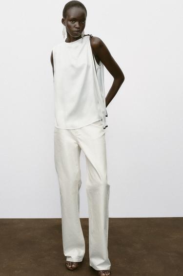SATIN TOP WITH BOW AND CONTRASTING TRIMS - Ecru / Brown by Zara - Image 0
