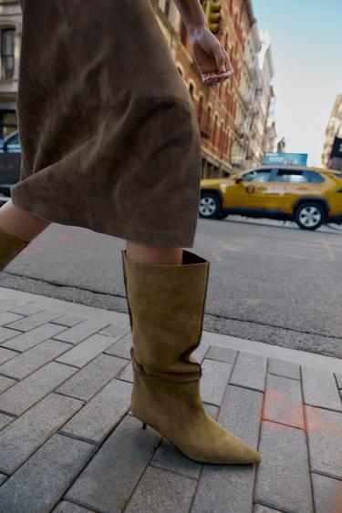 STITCHED SPLIT SUEDE BOOTS - Khaki Green by Zara - Image 1