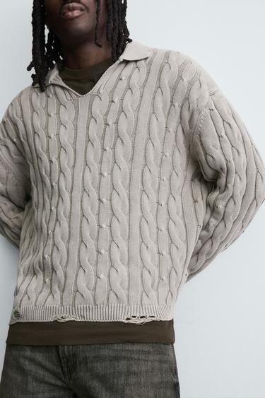 CABLE KNIT POLO SHIRT WITH DISTRESSED EFFECT - Pearl grey by Zara - Image 5