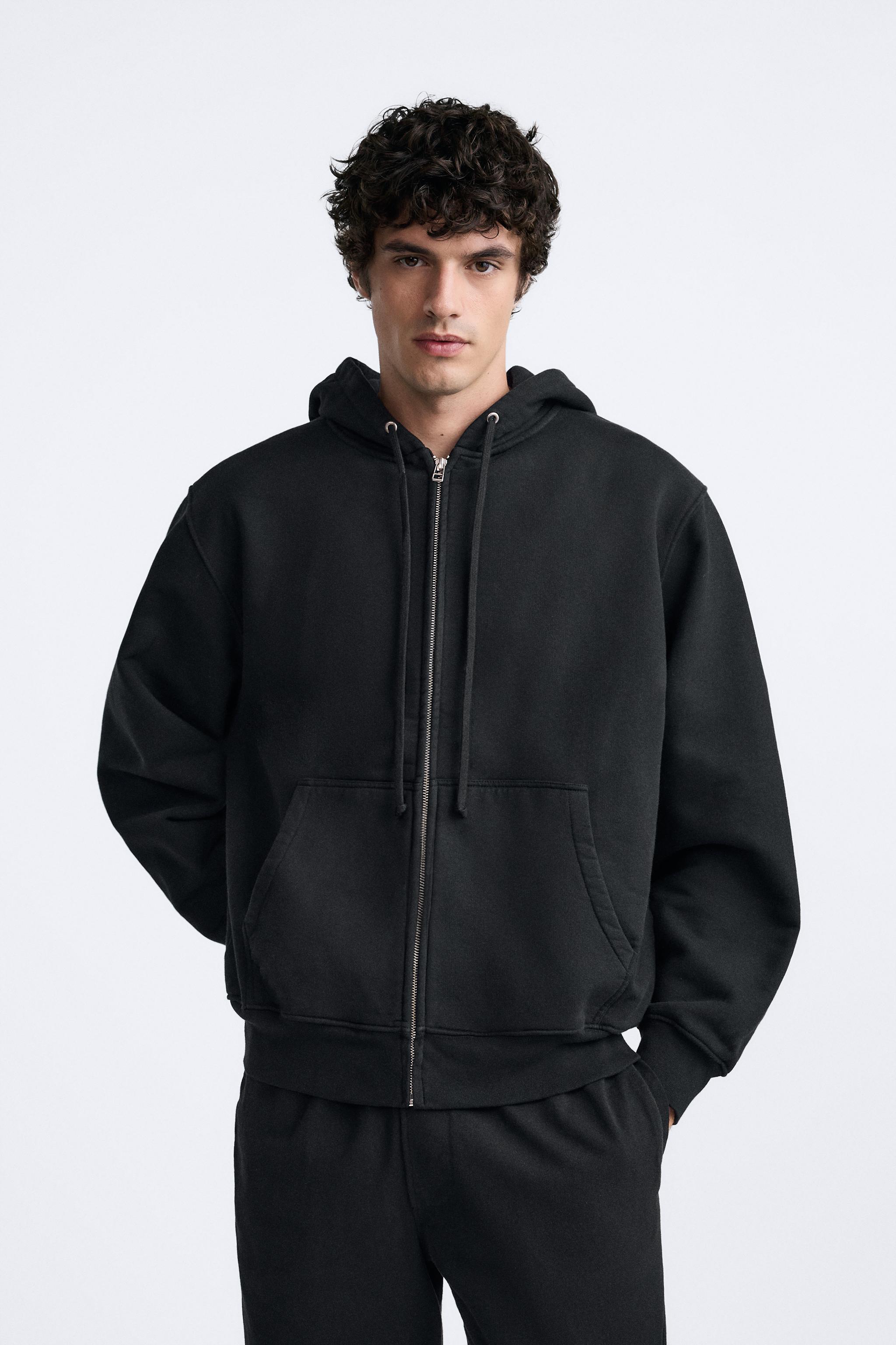 Zara Man L popular Black Long Oversized Sweatshirt Jacket Open Front Detachable Hood